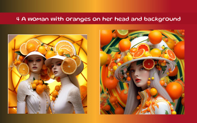 A woman with oranges on her head and background