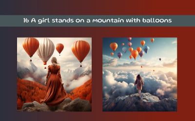 A girl stands on a mountain with balloons