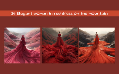 Donna elegante in abito rosso in montagna