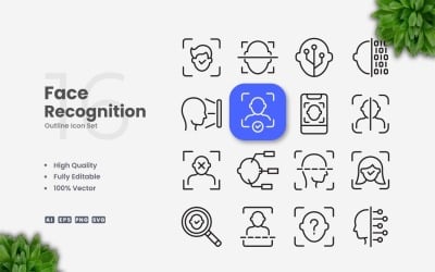 Conjunto de 16 iconos de contorno de reconocimiento facial