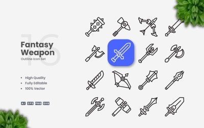 16 Fantasy Weapon Outline Icon Set
