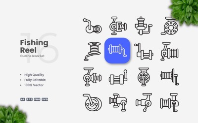 16 Fishing Reel Outline Icon Set