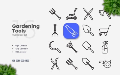 Ensemble d&amp;#39;icônes de contour de 16 outils de jardinage