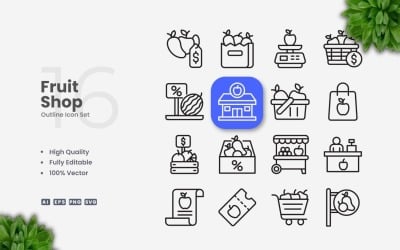 16 Fruit Shop Outline Icon Set