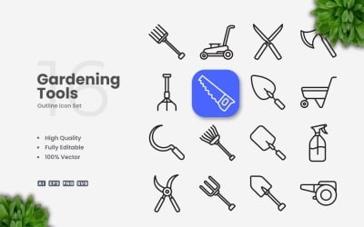 16 Gardening Tools Outline Icon Set