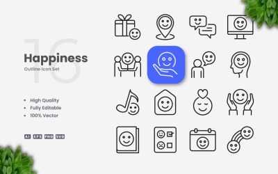 Conjunto de 16 ícones de contorno de felicidade