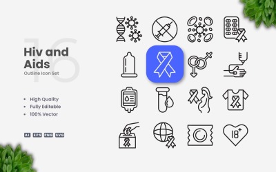 16 Conjunto de ícones de contorno de HIV e AIDS