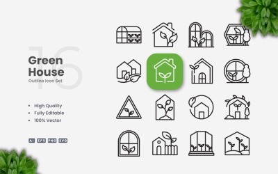 16 Groene Huis Omtrek Pictogrammenset