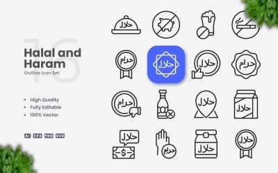 16 Halal and Haram Outline Icon Set
