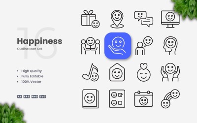 16 Happiness Disposition Ikonuppsättning