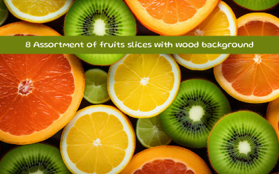 Assortment of fruits slices with wood background