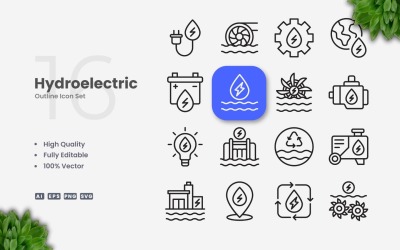 16 Hydroelectric Outline Icon Set