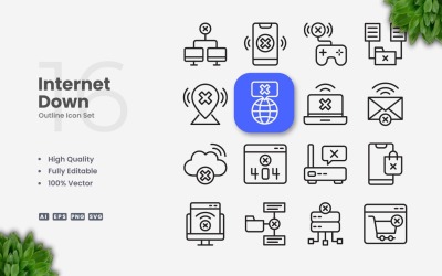 16 Internet Down Outline Ikonuppsättning