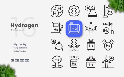 16 Sada ikon obrysu vodíku