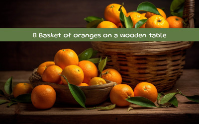 Basket of oranges on a wooden table
