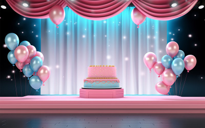 Birthday cake with balloons on the table, cake on the stage, celebration place