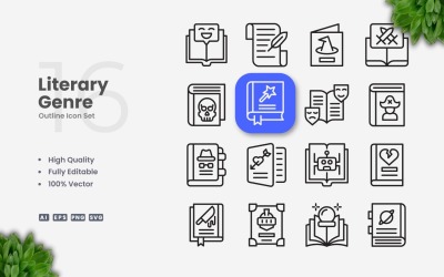16 Literary Genre Outline Icon Set
