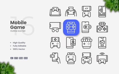 Conjunto de 16 ícones de contorno de jogos para celular