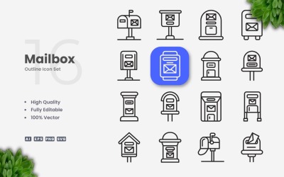Ensemble d&amp;#39;icônes de contour de 16 boîtes aux lettres
