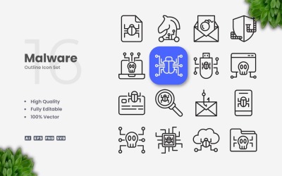 16 Malware Outline Icon Set