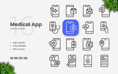 16 Medicinsk app Outline Ikonuppsättning