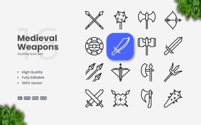 16 Medieval Weapon Outline Icon Set