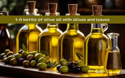 A bottle of olive oil with olives and leaves