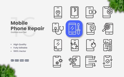 16 Conjunto de ícones de contorno de reparo de telefone celular