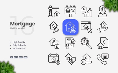 16 Mortgage Outline Ikonuppsättning