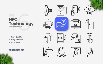 Conjunto de 16 ícones de contorno de tecnologia NFC