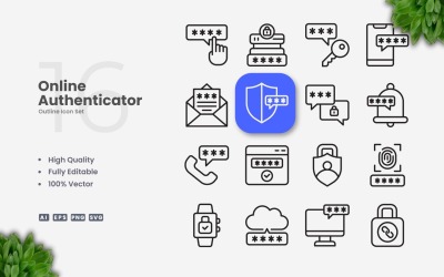 Conjunto de 16 iconos de esquema de autenticador en línea