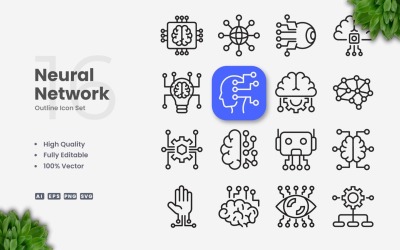Ensemble d&amp;#39;icônes de contour de réseau neuronal 16