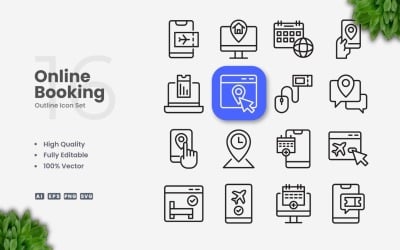 16 Online Booking Outline Icon Set