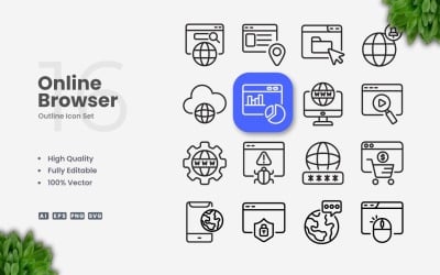 16 set di icone di contorno del browser online