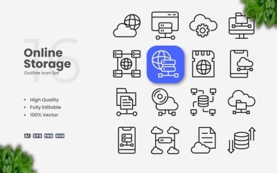 16 Online Storage Outline Icon Set