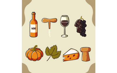 Konstnärlig samling av vin, ost och pumpor Illustration