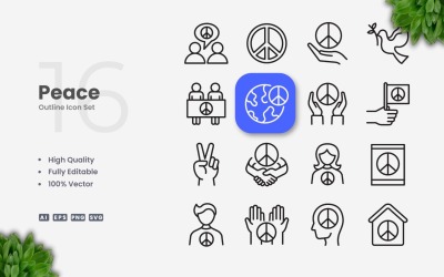 Conjunto de 16 ícones de contorno de paz