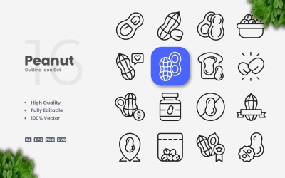 Conjunto de 16 iconos de contorno de maní