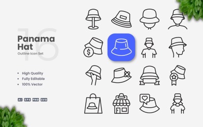 Conjunto de 16 iconos de contorno de sombrero de Panamá