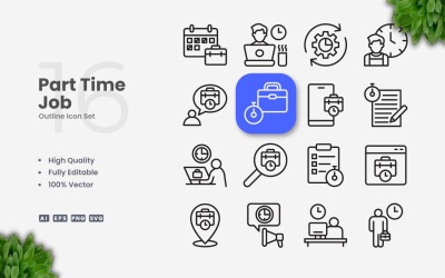 Conjunto de 16 iconos de esquema de trabajo a tiempo parcial
