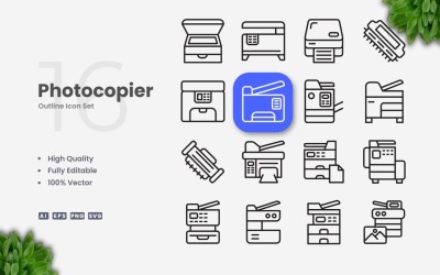 16 Fotokopieermachine-omtrekpictogramset