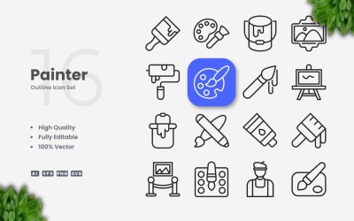 16 Sada ikon obrysu malíře