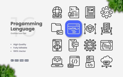 Conjunto de 16 ícones de contorno de linguagem de programação