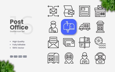 Conjunto de 16 iconos de contorno de oficina de correos