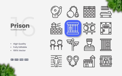 Conjunto de 16 iconos de contorno de prisión