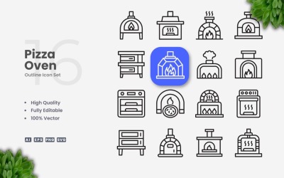 Ensemble d&amp;#39;icônes de contour de 16 fours à pizza