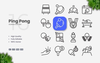 16 Ping Pong Outline Ikonuppsättning