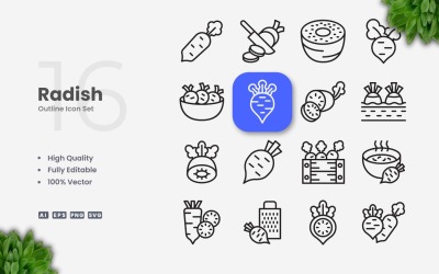 16 Rettich-Umriss-Icon-Set