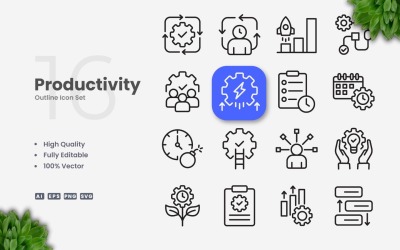 16 Zestaw ikon konturu produktywności