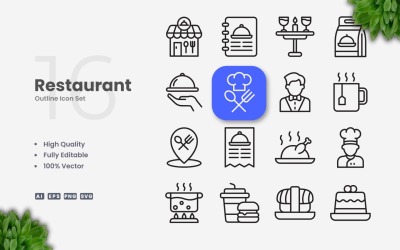 Conjunto de 16 iconos de contorno de restaurante